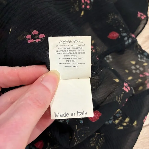 See by Chloe Women’s Silk Belted Black Floral Ruffle Boatneck Top Size 10 - Picture 6 of 7